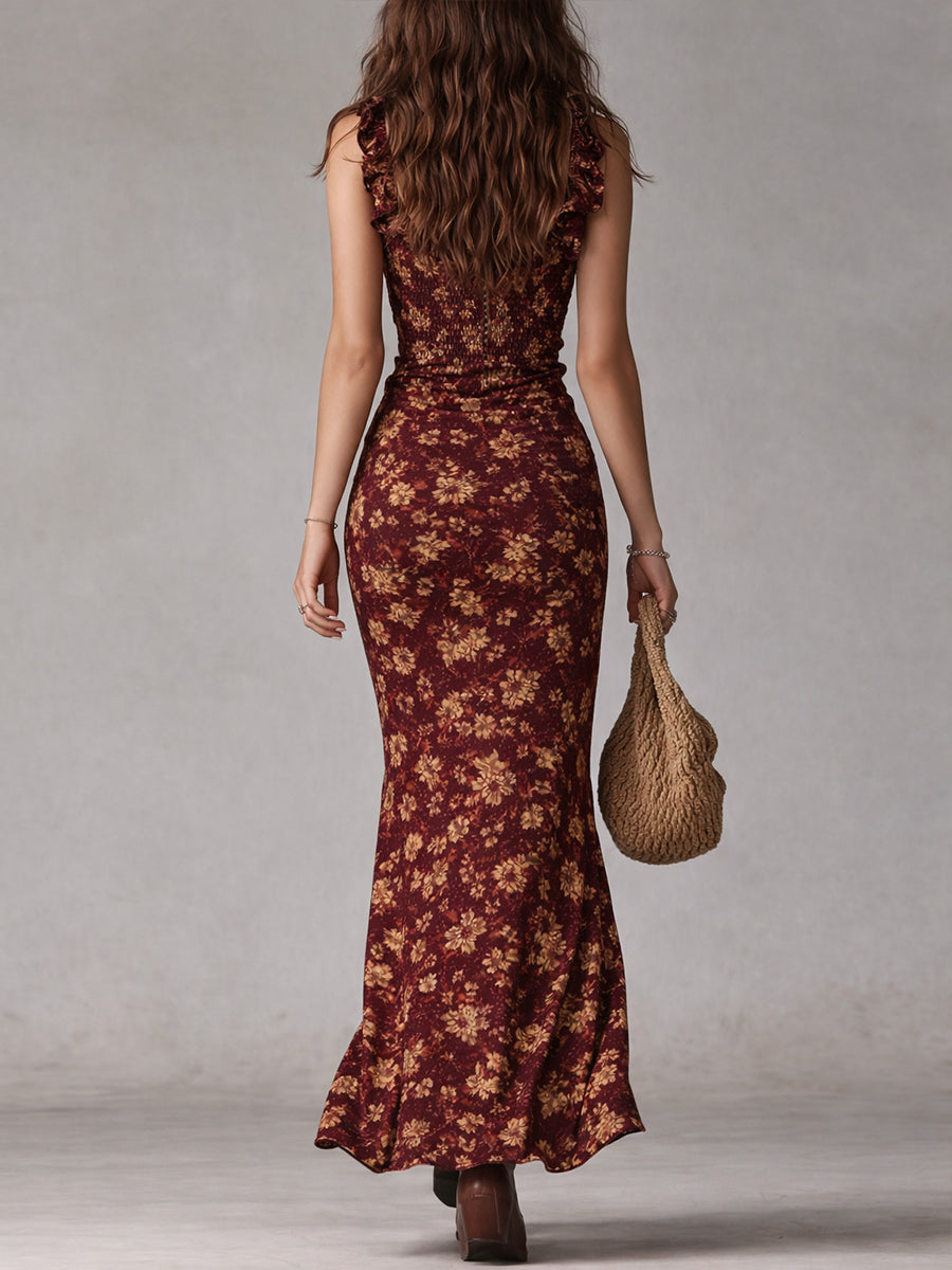 Amanda | Vestido largo bohemio con estampado floral, volantes y abertura alta
