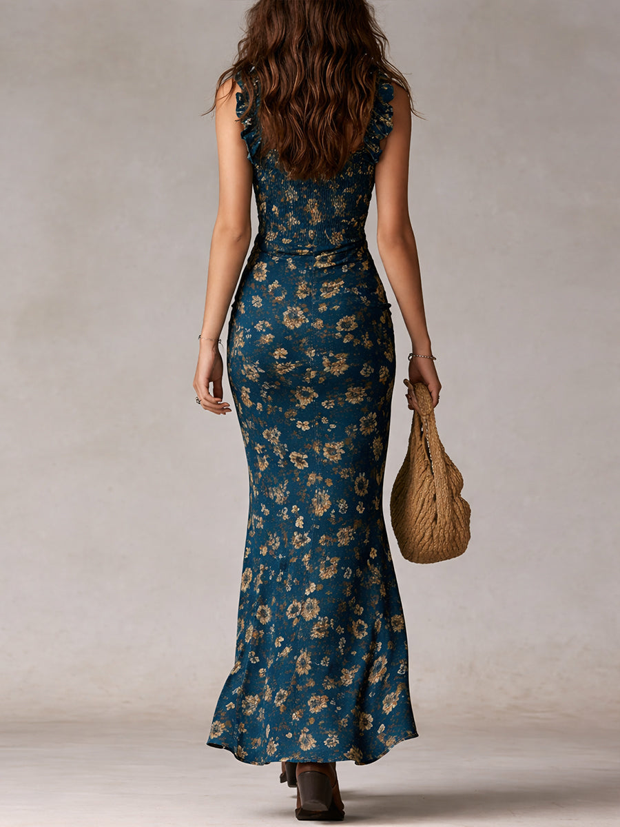 Amanda | Vestido largo bohemio con estampado floral, volantes y abertura alta