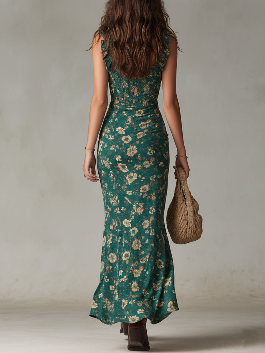 Amanda | Vestido largo bohemio con estampado floral, volantes y abertura alta
