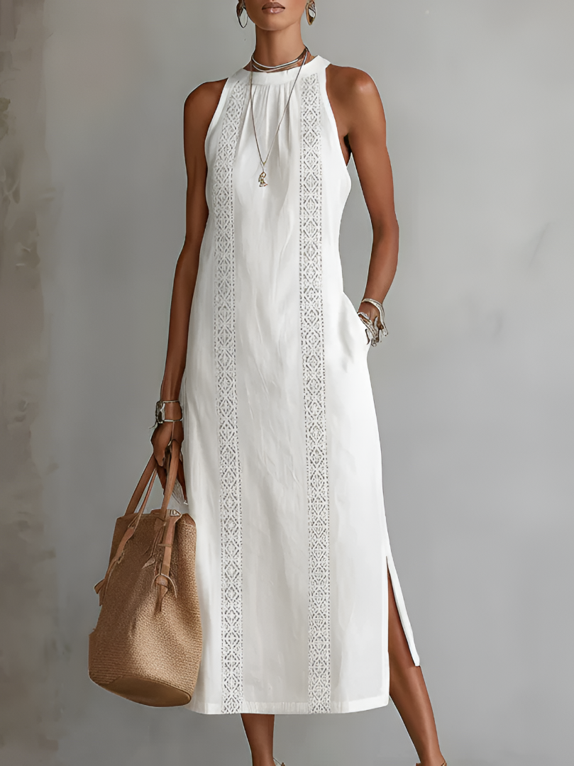 Cayetana | Vestido midi de lino con cuello coreano