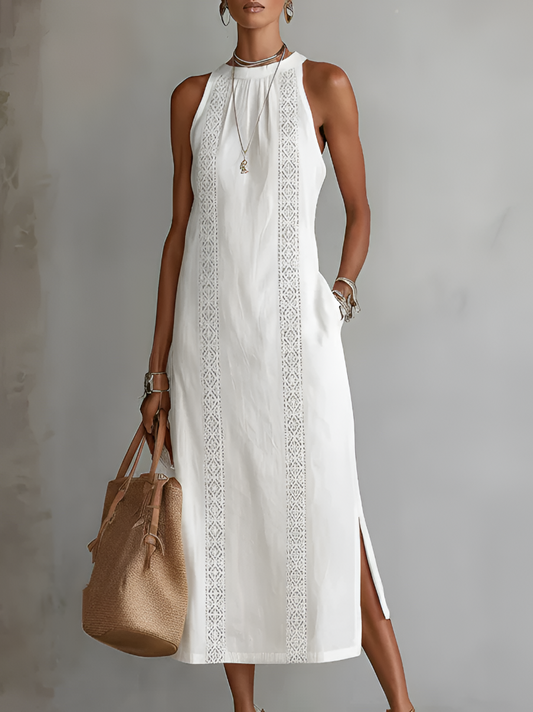 Cayetana | Vestido midi de lino con cuello coreano