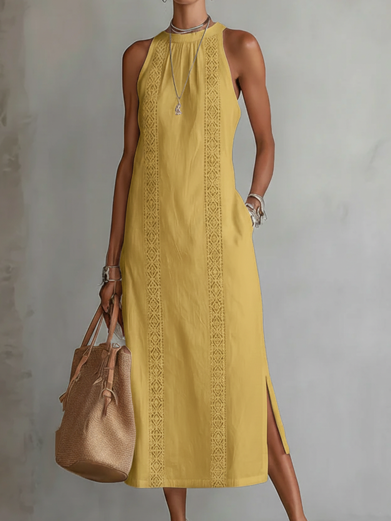 Cayetana | Vestido midi de lino con cuello coreano