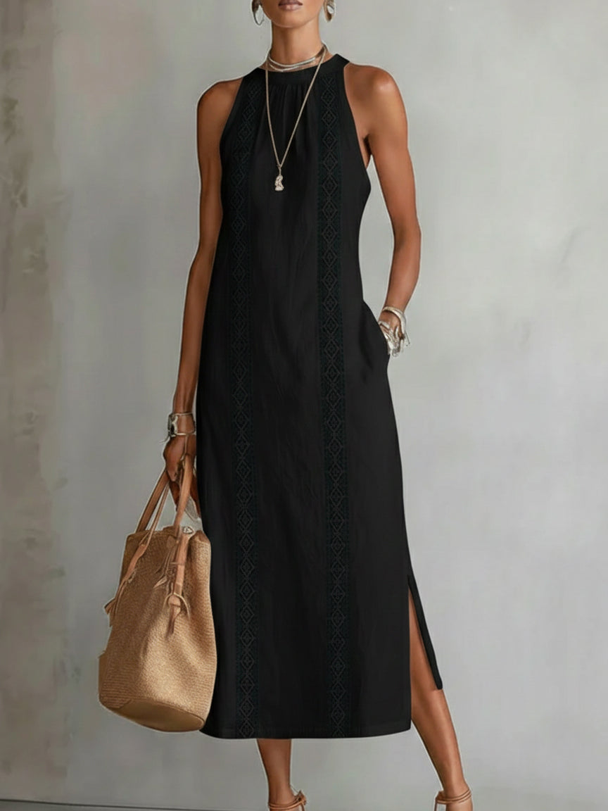 Cayetana | Vestido midi de lino con cuello coreano