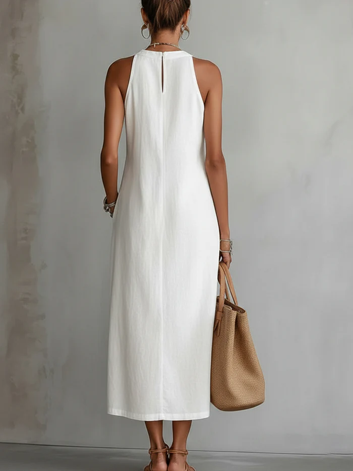 Cayetana | Vestido midi de lino con cuello coreano
