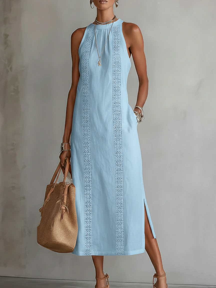 Cayetana | Vestido midi de lino con cuello coreano